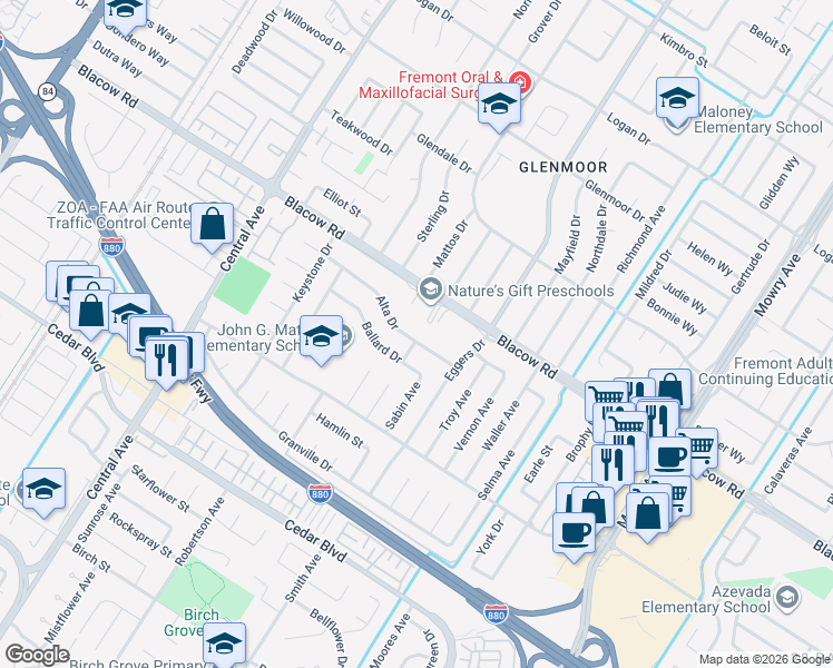 map of restaurants, bars, coffee shops, grocery stores, and more near 38278 Alta Drive in Fremont