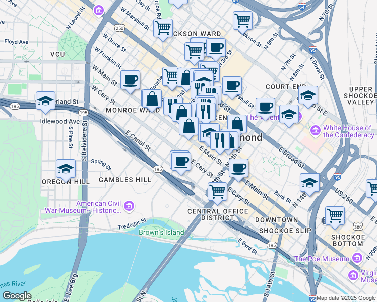 map of restaurants, bars, coffee shops, grocery stores, and more near 15 South 5th Street in Richmond