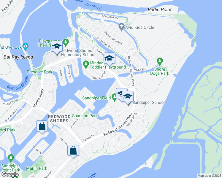 map of restaurants, bars, coffee shops, grocery stores, and more near 509 Breakwater Drive in Redwood City