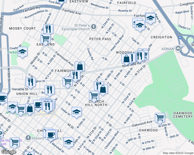 map of restaurants, bars, coffee shops, grocery stores, and more near 1320 1/2 North 27th Street in Richmond