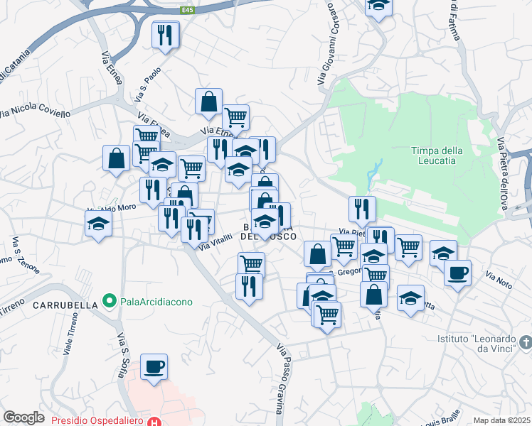 map of restaurants, bars, coffee shops, grocery stores, and more near 320 Via del Bosco in Catania