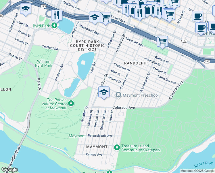 map of restaurants, bars, coffee shops, grocery stores, and more near 1816 Appomattox Street in Richmond