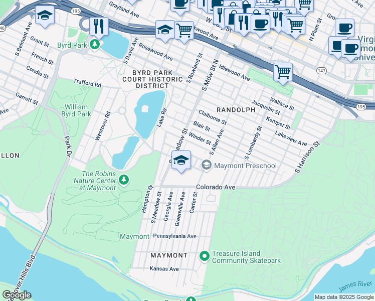 map of restaurants, bars, coffee shops, grocery stores, and more near 1816 Appomattox Street in Richmond