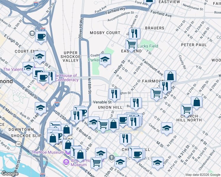 map of restaurants, bars, coffee shops, grocery stores, and more near 811 Mosby Street in Richmond