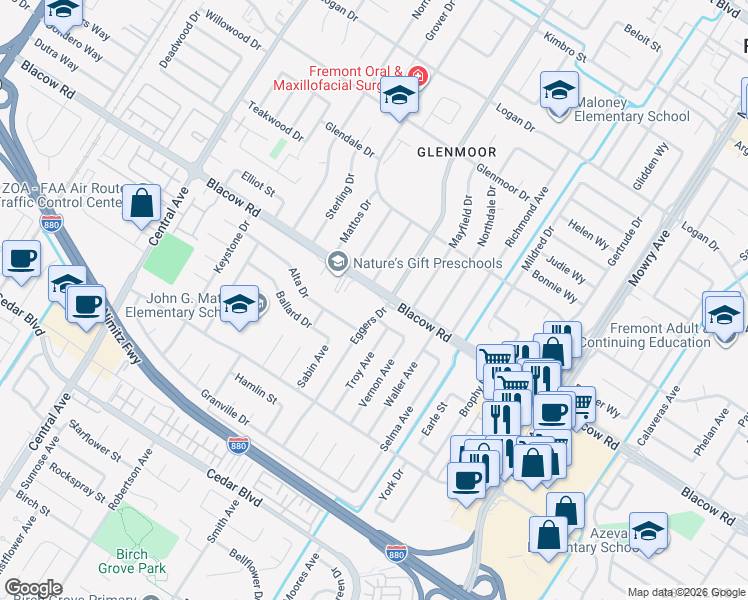 map of restaurants, bars, coffee shops, grocery stores, and more near 38474 Blacow Road in Fremont