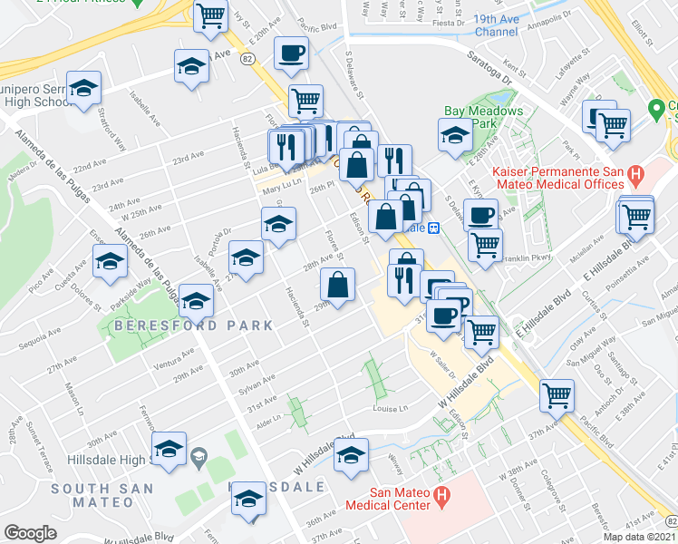 map of restaurants, bars, coffee shops, grocery stores, and more near 112 28th Avenue in San Mateo
