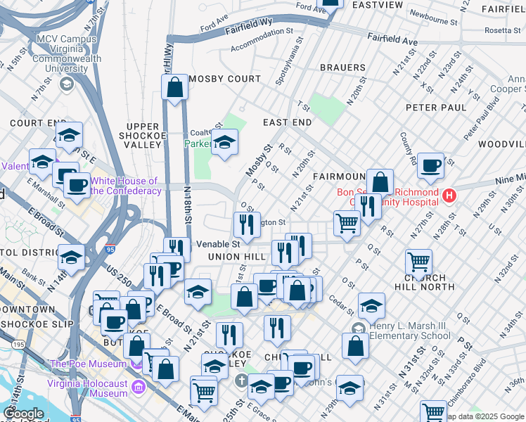 map of restaurants, bars, coffee shops, grocery stores, and more near 914 North 20th Street in Richmond