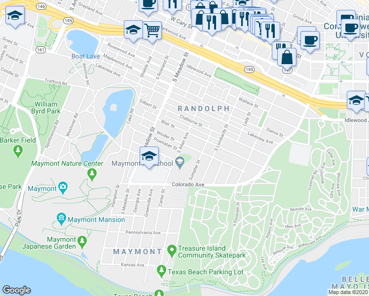 map of restaurants, bars, coffee shops, grocery stores, and more near 1734 Winder Street in Richmond