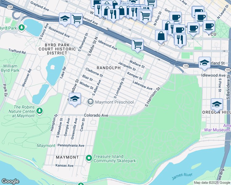 map of restaurants, bars, coffee shops, grocery stores, and more near 1601 Blair Street in Richmond
