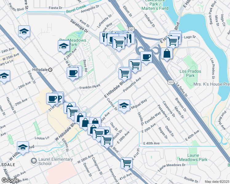 map of restaurants, bars, coffee shops, grocery stores, and more near 138 East Hillsdale Boulevard in San Mateo