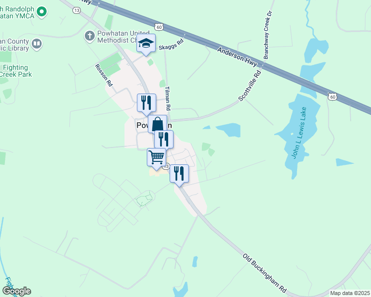 map of restaurants, bars, coffee shops, grocery stores, and more near 3815 Yates Lane in Powhatan