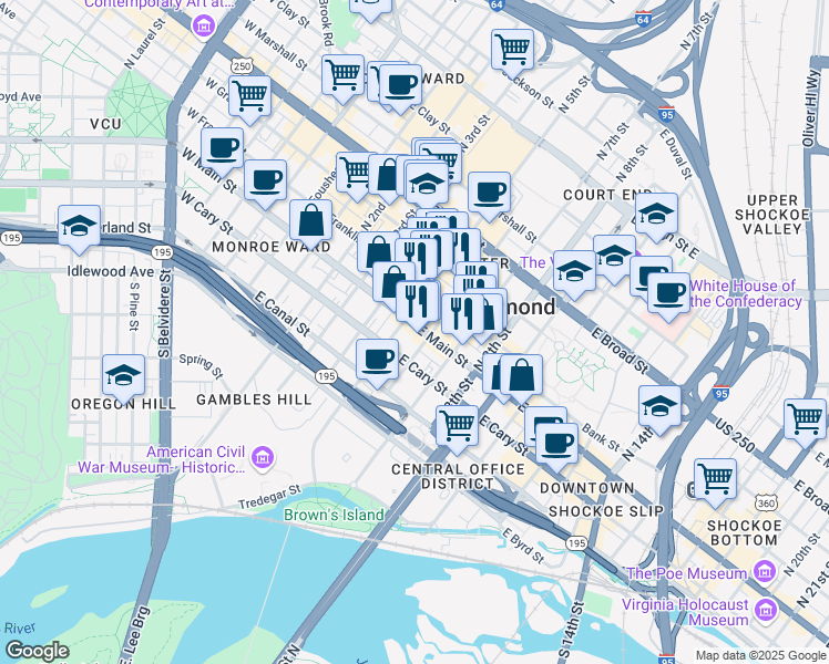 map of restaurants, bars, coffee shops, grocery stores, and more near in Richmond