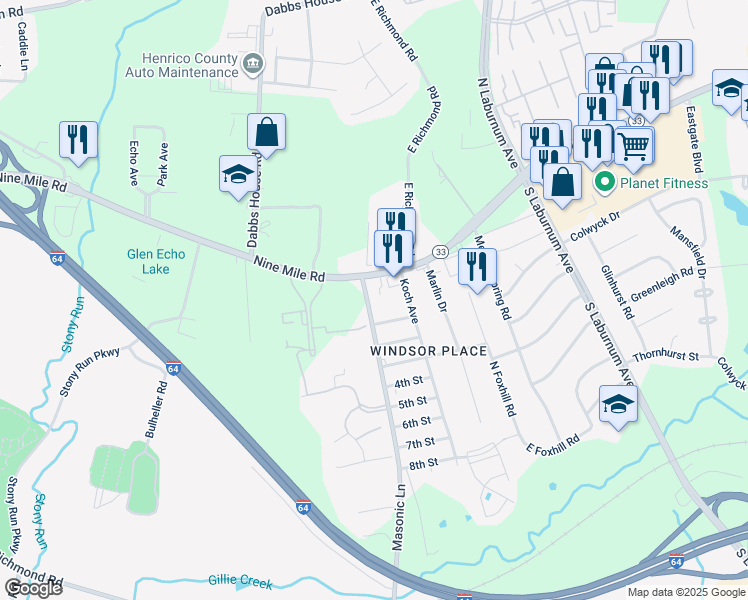 map of restaurants, bars, coffee shops, grocery stores, and more near 9 Masonic Lane in Richmond