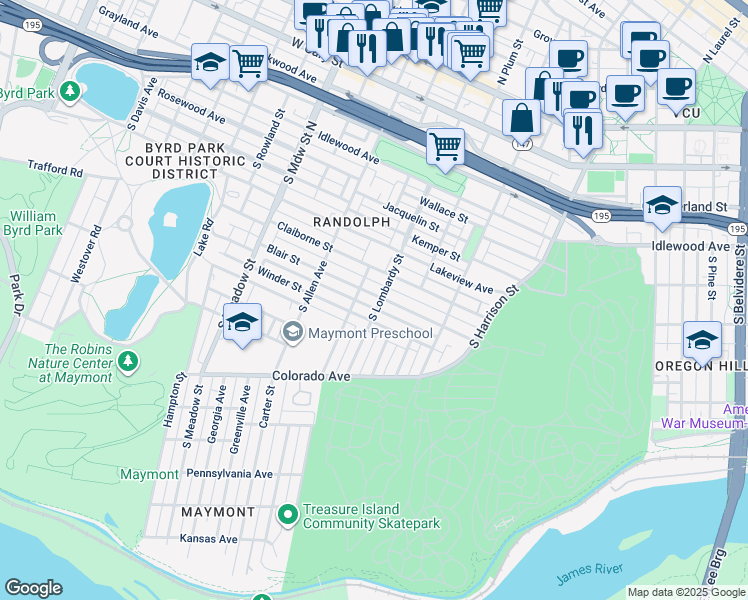 map of restaurants, bars, coffee shops, grocery stores, and more near 1601 Blair Street in Richmond