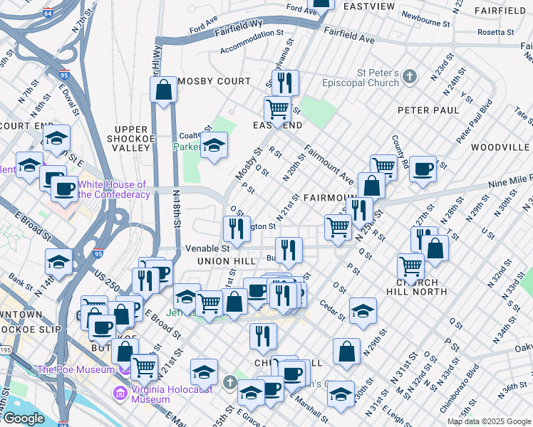 map of restaurants, bars, coffee shops, grocery stores, and more near 914 North 20th Street in Richmond