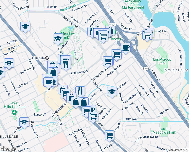 map of restaurants, bars, coffee shops, grocery stores, and more near 117 East Hillsdale Boulevard in San Mateo