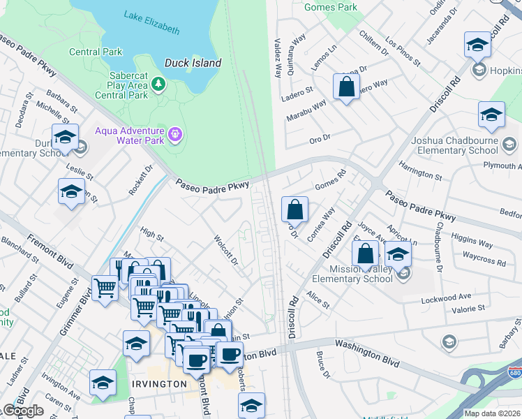 map of restaurants, bars, coffee shops, grocery stores, and more near 2546 Clymer Lane in Fremont