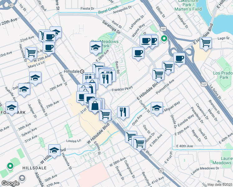 map of restaurants, bars, coffee shops, grocery stores, and more near 3100 Mena Drive in San Mateo