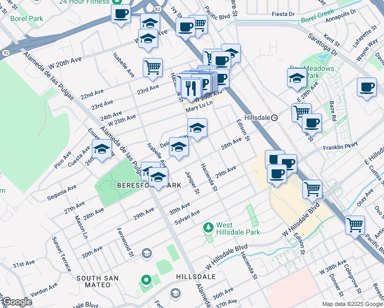 map of restaurants, bars, coffee shops, grocery stores, and more near 2700 Hacienda Street in San Mateo