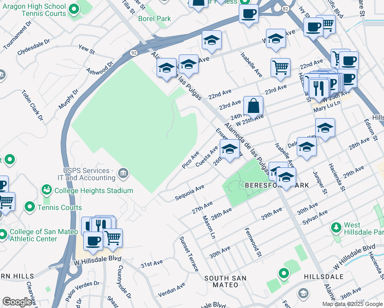 map of restaurants, bars, coffee shops, grocery stores, and more near 2315 Dolores Street in San Mateo