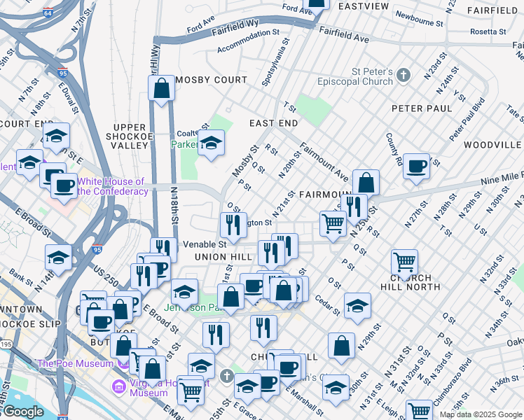 map of restaurants, bars, coffee shops, grocery stores, and more near 914 North 20th Street in Richmond
