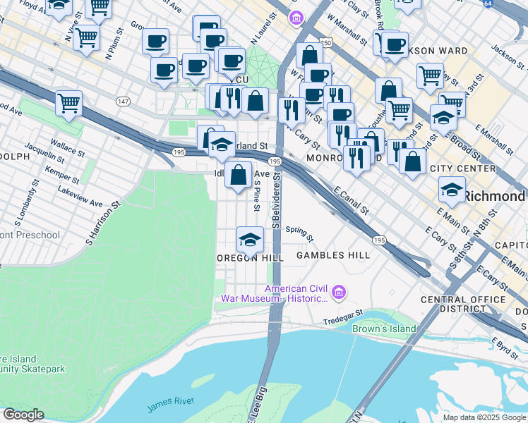 map of restaurants, bars, coffee shops, grocery stores, and more near in Richmond