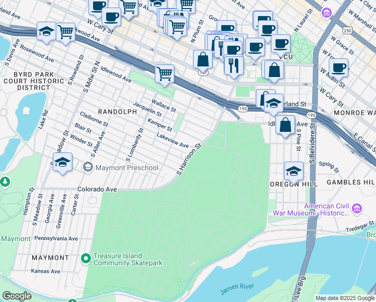 map of restaurants, bars, coffee shops, grocery stores, and more near 1202 Lakeview Avenue in Richmond