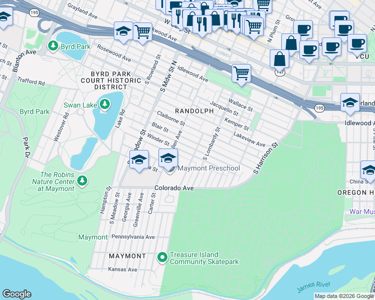map of restaurants, bars, coffee shops, grocery stores, and more near 1709 Blair Street in Richmond