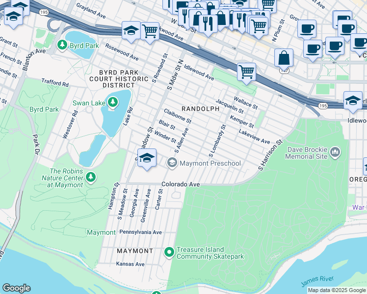 map of restaurants, bars, coffee shops, grocery stores, and more near 1734 Winder Street in Richmond