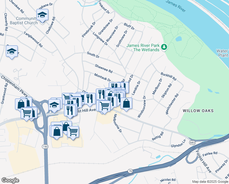 map of restaurants, bars, coffee shops, grocery stores, and more near 6807 Montauk Drive in Richmond