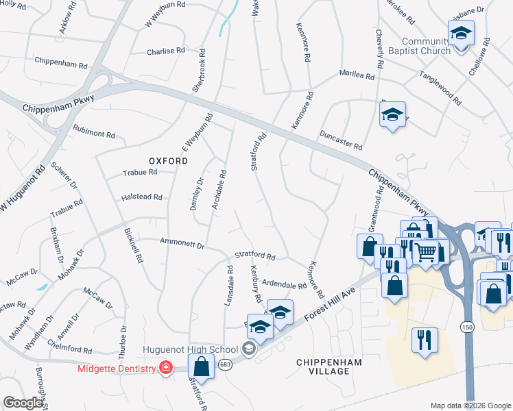 map of restaurants, bars, coffee shops, grocery stores, and more near 3030 Stratford Road in Richmond