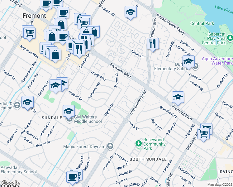 map of restaurants, bars, coffee shops, grocery stores, and more near 4215 Ogden Drive in Fremont