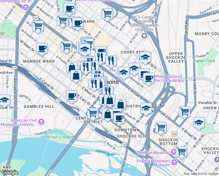 map of restaurants, bars, coffee shops, grocery stores, and more near 815 East Grace Street in Richmond