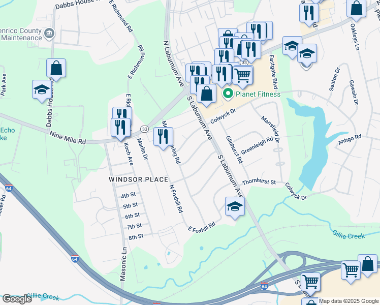map of restaurants, bars, coffee shops, grocery stores, and more near 4704 Laurie Lane in Richmond