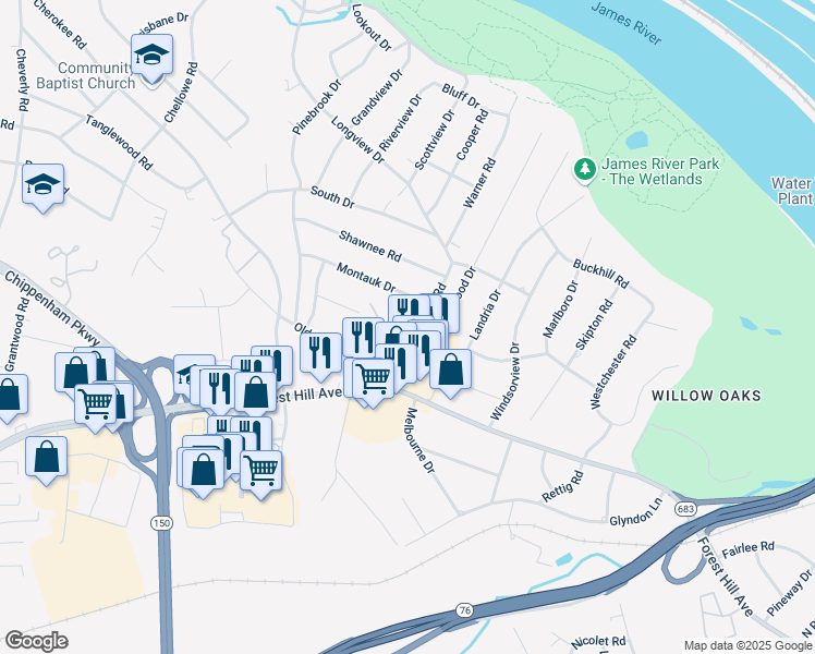map of restaurants, bars, coffee shops, grocery stores, and more near 6807 Montauk Drive in Richmond