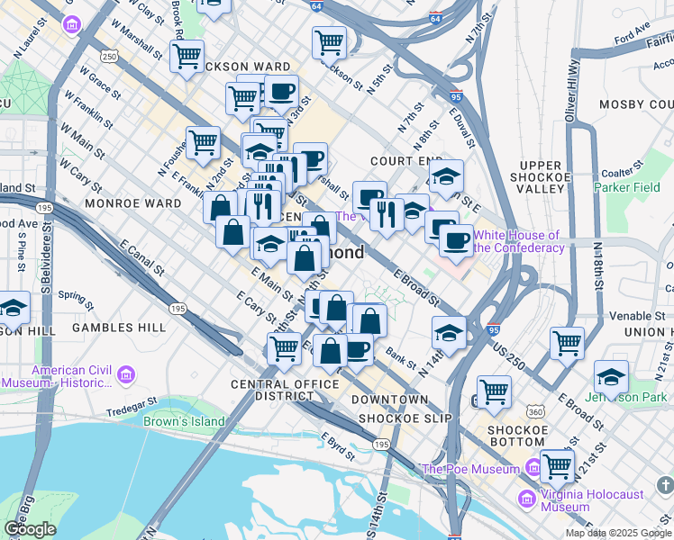 map of restaurants, bars, coffee shops, grocery stores, and more near 815 East Grace Street in Richmond