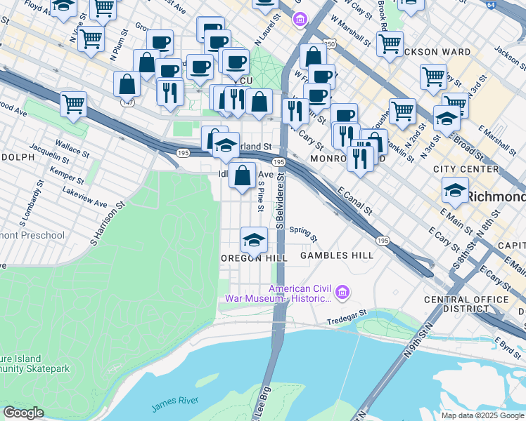 map of restaurants, bars, coffee shops, grocery stores, and more near 411 South Pine Street in Richmond