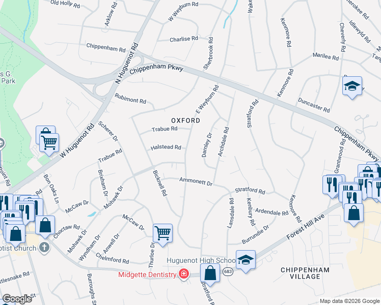 map of restaurants, bars, coffee shops, grocery stores, and more near 3111 East Weyburn Road in Richmond