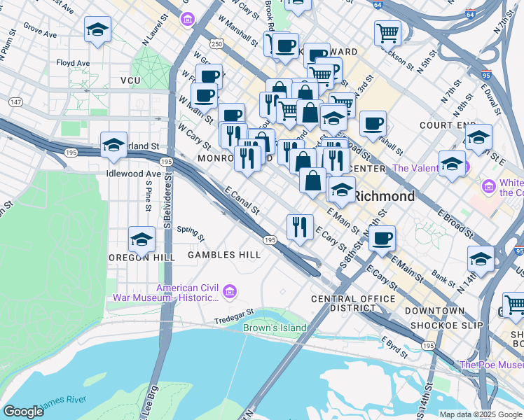 map of restaurants, bars, coffee shops, grocery stores, and more near 116 South 3rd Street in Richmond