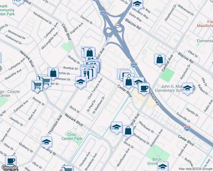 map of restaurants, bars, coffee shops, grocery stores, and more near 37221 Cedar Boulevard in Newark