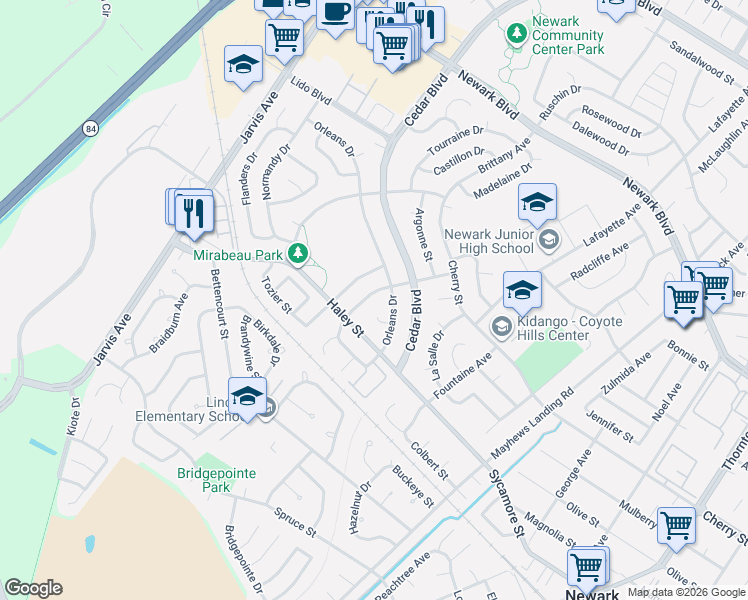 map of restaurants, bars, coffee shops, grocery stores, and more near 6751 Rochelle Avenue in Newark