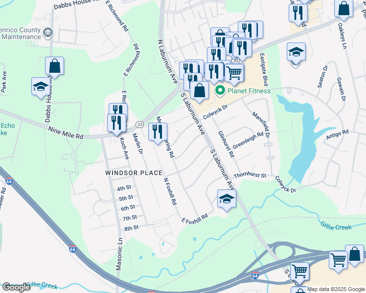 map of restaurants, bars, coffee shops, grocery stores, and more near 4704 Laurie Lane in Richmond