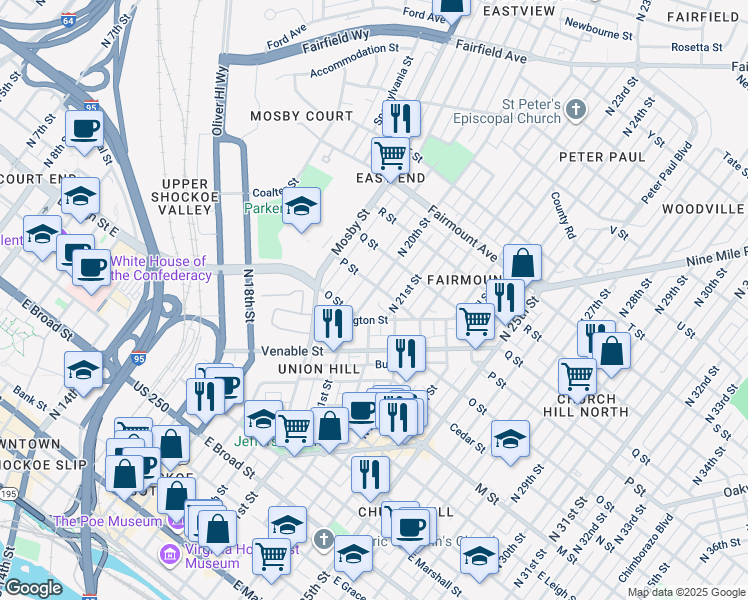 map of restaurants, bars, coffee shops, grocery stores, and more near 923 North 20th Street in Richmond