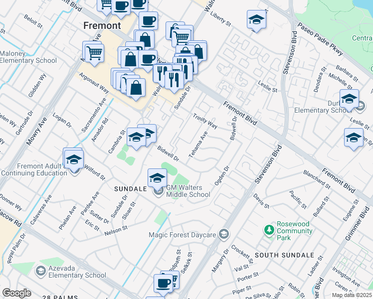 map of restaurants, bars, coffee shops, grocery stores, and more near 4425 Bidwell Drive in Fremont