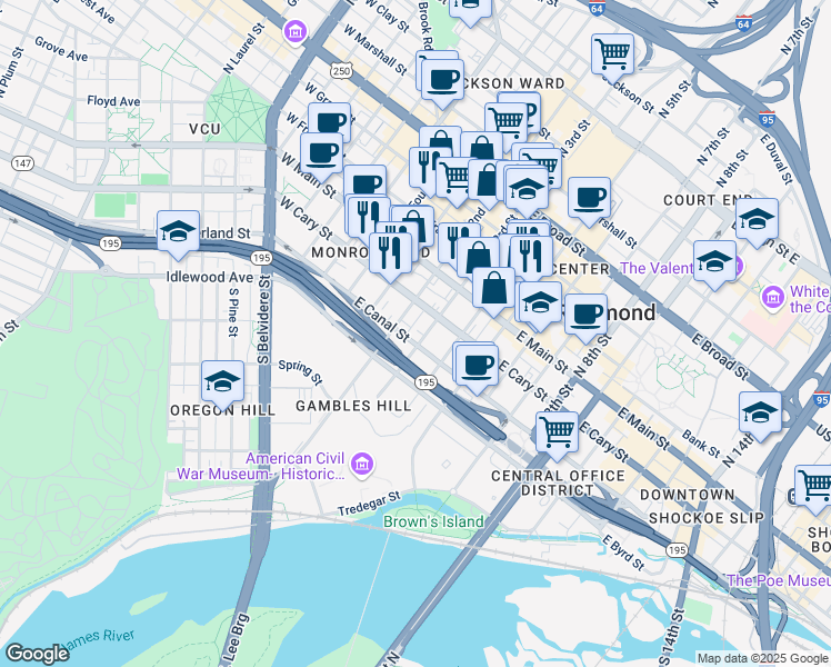 map of restaurants, bars, coffee shops, grocery stores, and more near 116 South 3rd Street in Richmond