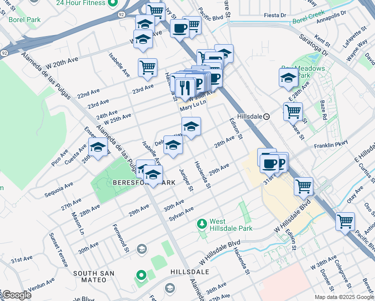 map of restaurants, bars, coffee shops, grocery stores, and more near 2700 Hacienda Street in San Mateo