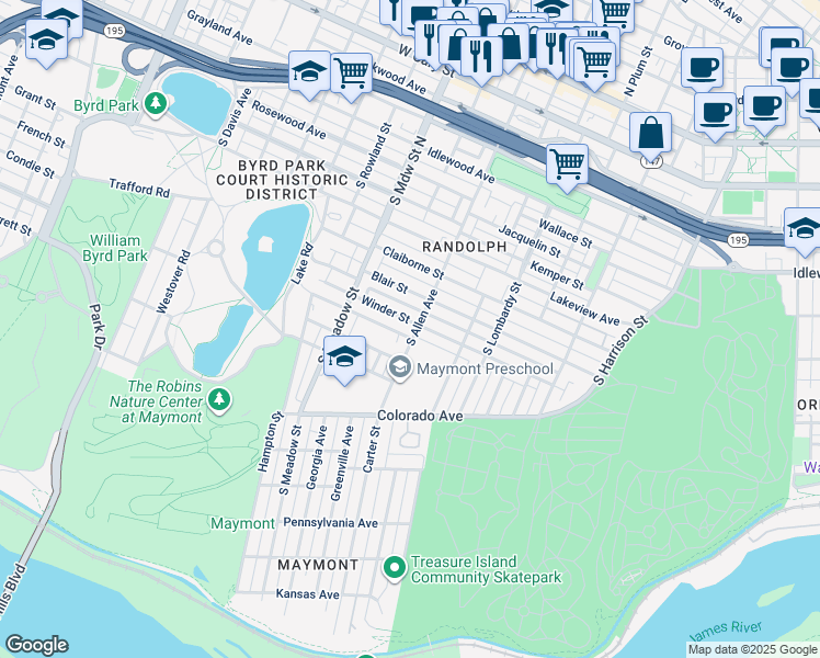 map of restaurants, bars, coffee shops, grocery stores, and more near 1802 Powhatan Street in Richmond