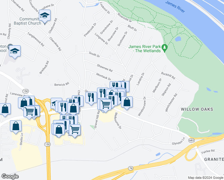 map of restaurants, bars, coffee shops, grocery stores, and more near 2956 Hathaway Road in Richmond