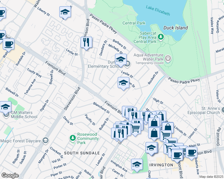map of restaurants, bars, coffee shops, grocery stores, and more near 3735 Cosmic Court in Fremont