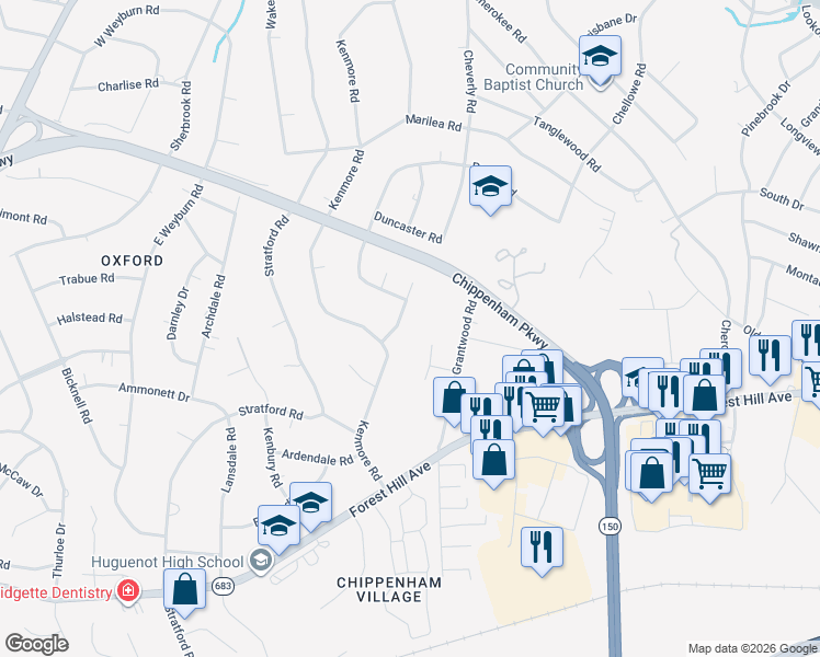 map of restaurants, bars, coffee shops, grocery stores, and more near 3025 Cottingham Road in Richmond